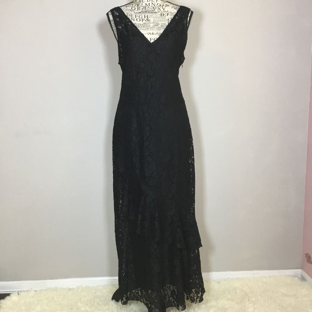 Formal black lace sleeveless dress with dress lining asymmetrical ruffle size M